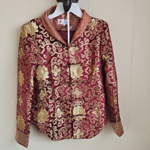 Elegant Brocade Blazer in Red and Gold